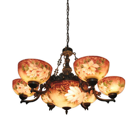 3/7 Lights Living Room Chandelier Tiffany Bronze Pendant Lighting Fixture with Dome Stained Glass Shade 7 Bronze Clearhalo 'Ceiling Lights' 'Chandeliers' 'Industrial' 'Middle Century Chandeliers' 'Tiffany Chandeliers' 'Tiffany close to ceiling' 'Tiffany' Lighting' 303425