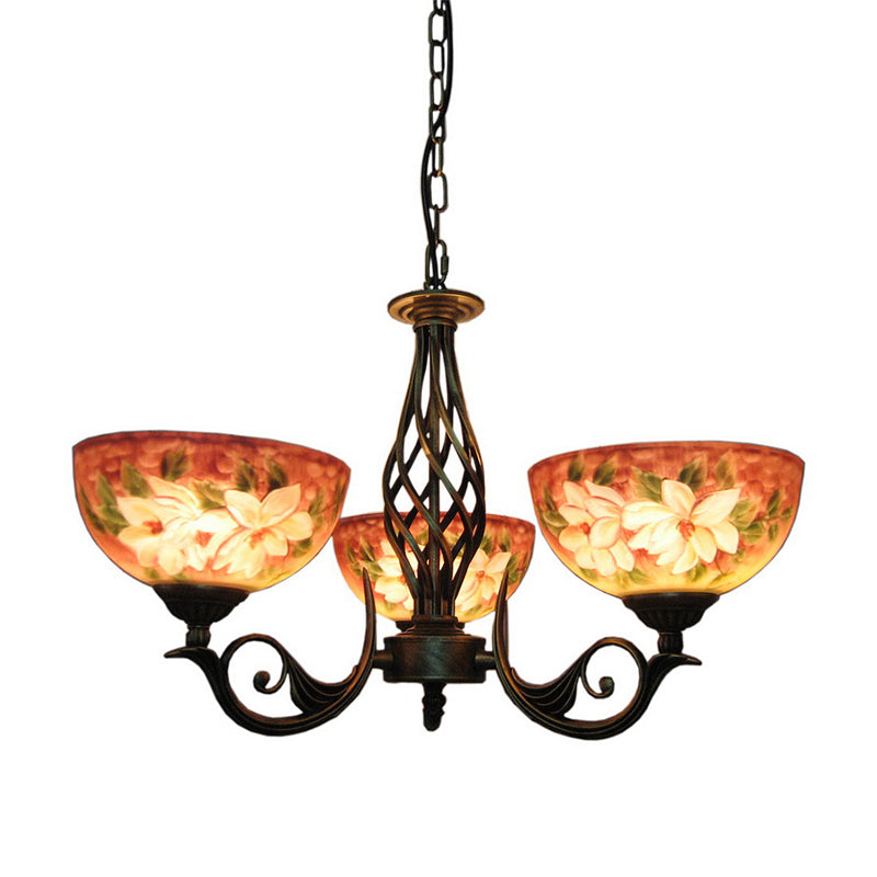 3/7 Lights Living Room Chandelier Tiffany Bronze Pendant Lighting Fixture with Dome Stained Glass Shade 3 Bronze Clearhalo 'Ceiling Lights' 'Chandeliers' 'Industrial' 'Middle Century Chandeliers' 'Tiffany Chandeliers' 'Tiffany close to ceiling' 'Tiffany' Lighting' 303426