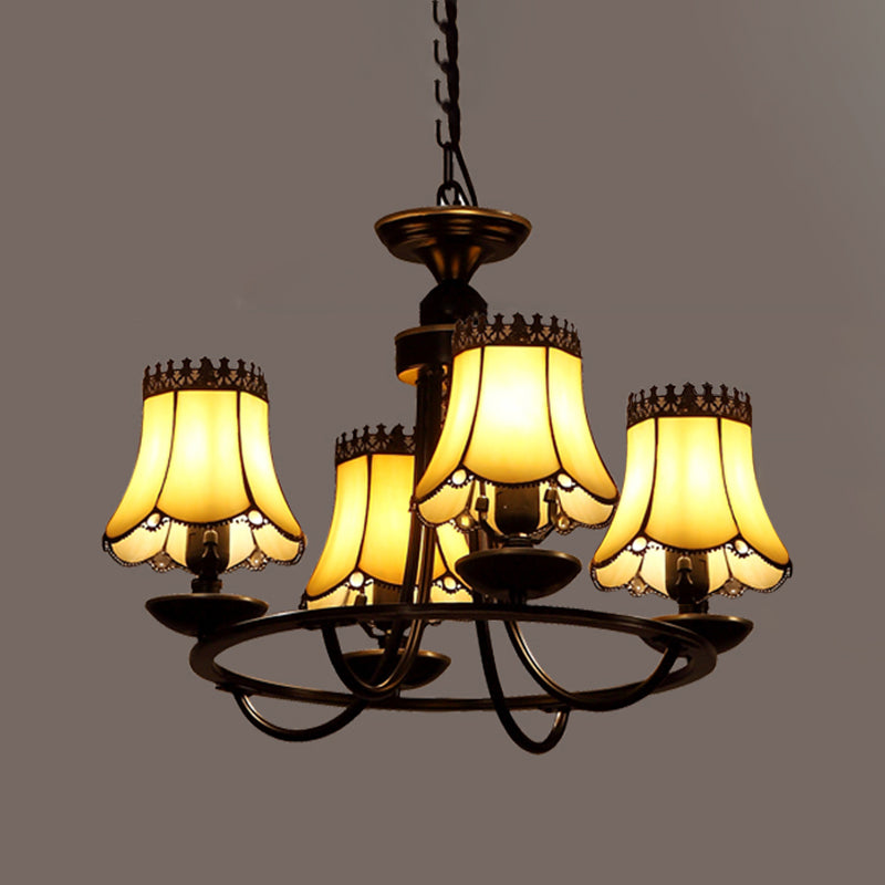 Baroque Bell Shade Chandelier Light Fixture 4/6/8 Lights Beige Glass Hanging Lamp Kit in Black Clearhalo 'Ceiling Lights' 'Chandeliers' 'Industrial' 'Middle Century Chandeliers' 'Tiffany Chandeliers' 'Tiffany close to ceiling' 'Tiffany' Lighting' 303429
