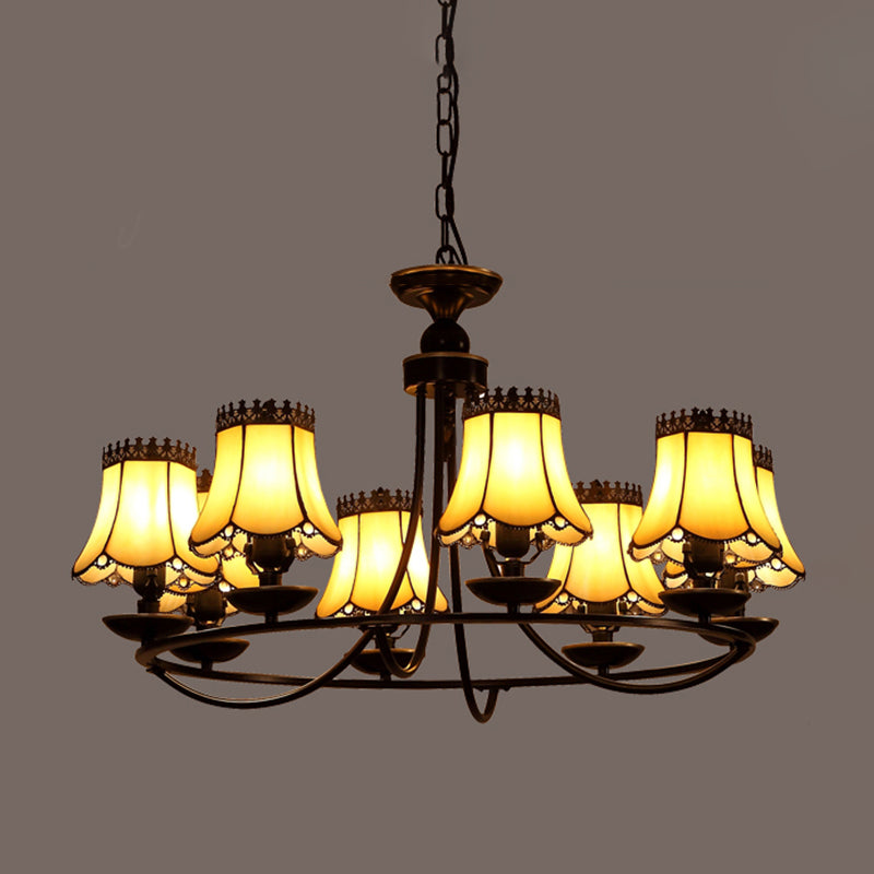 Baroque Bell Shade Chandelier Light Fixture 4/6/8 Lights Beige Glass Hanging Lamp Kit in Black Clearhalo 'Ceiling Lights' 'Chandeliers' 'Industrial' 'Middle Century Chandeliers' 'Tiffany Chandeliers' 'Tiffany close to ceiling' 'Tiffany' Lighting' 303431