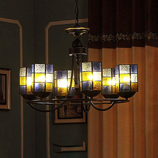 Stained Glass Blue Chandelier Light Fixture Cylinder 4/6/8 Lights Mediterranean Pendant Lighting for Dining Room 6 Blue Clearhalo 'Ceiling Lights' 'Chandeliers' 'Industrial' 'Middle Century Chandeliers' 'Tiffany Chandeliers' 'Tiffany close to ceiling' 'Tiffany' Lighting' 303432