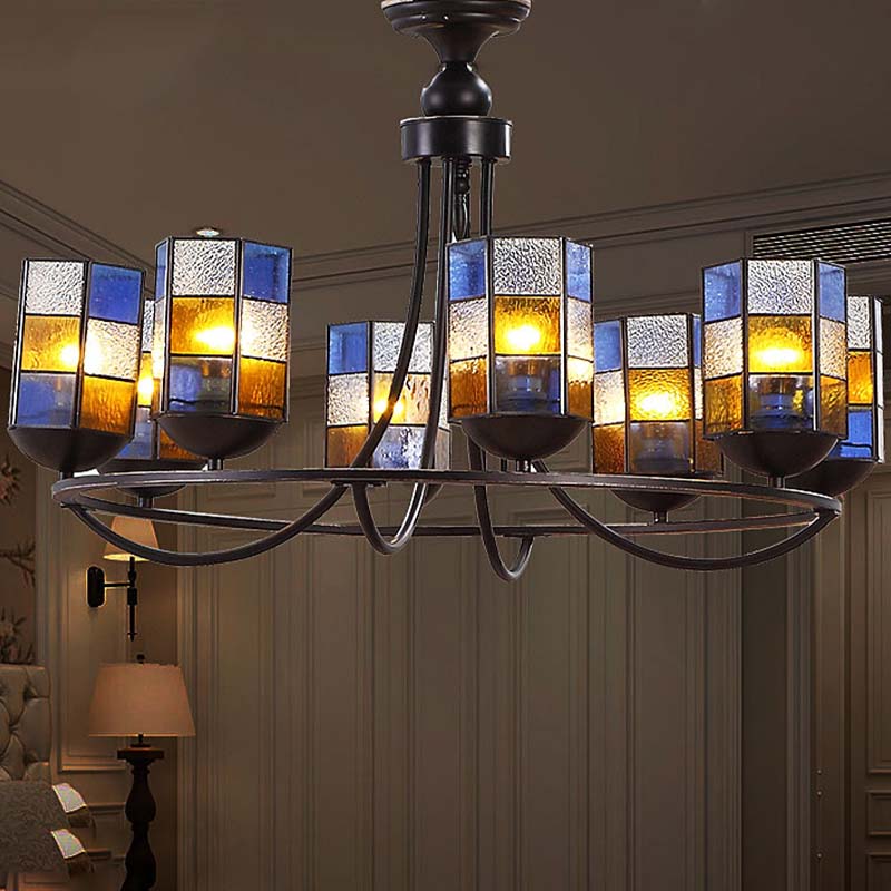 Stained Glass Blue Chandelier Light Fixture Cylinder 4/6/8 Lights Mediterranean Pendant Lighting for Dining Room Clearhalo 'Ceiling Lights' 'Chandeliers' 'Industrial' 'Middle Century Chandeliers' 'Tiffany Chandeliers' 'Tiffany close to ceiling' 'Tiffany' Lighting' 303433
