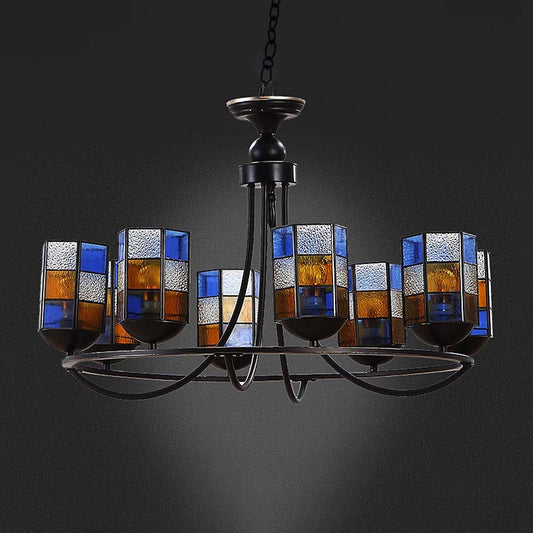 Stained Glass Blue Chandelier Light Fixture Cylinder 4/6/8 Lights Mediterranean Pendant Lighting for Dining Room 8 Blue Clearhalo 'Ceiling Lights' 'Chandeliers' 'Industrial' 'Middle Century Chandeliers' 'Tiffany Chandeliers' 'Tiffany close to ceiling' 'Tiffany' Lighting' 303434