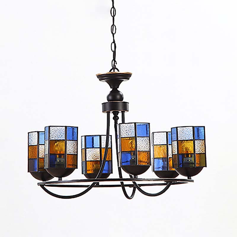 Stained Glass Blue Chandelier Light Fixture Cylinder 4/6/8 Lights Mediterranean Pendant Lighting for Dining Room Clearhalo 'Ceiling Lights' 'Chandeliers' 'Industrial' 'Middle Century Chandeliers' 'Tiffany Chandeliers' 'Tiffany close to ceiling' 'Tiffany' Lighting' 303435