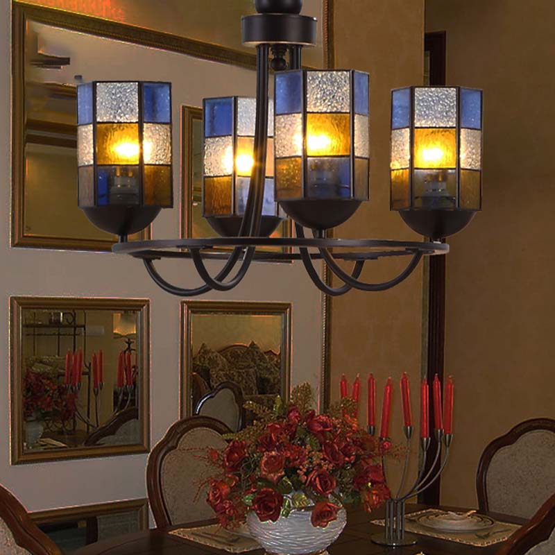 Stained Glass Blue Chandelier Light Fixture Cylinder 4/6/8 Lights Mediterranean Pendant Lighting for Dining Room 4 Blue Clearhalo 'Ceiling Lights' 'Chandeliers' 'Industrial' 'Middle Century Chandeliers' 'Tiffany Chandeliers' 'Tiffany close to ceiling' 'Tiffany' Lighting' 303436