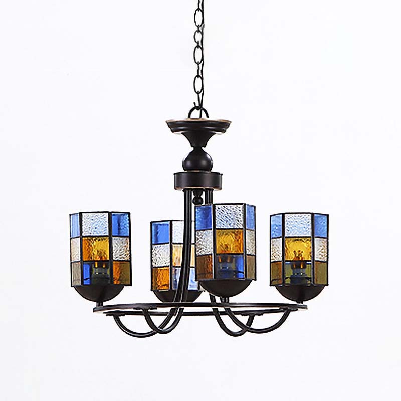 Stained Glass Blue Chandelier Light Fixture Cylinder 4/6/8 Lights Mediterranean Pendant Lighting for Dining Room Clearhalo 'Ceiling Lights' 'Chandeliers' 'Industrial' 'Middle Century Chandeliers' 'Tiffany Chandeliers' 'Tiffany close to ceiling' 'Tiffany' Lighting' 303437