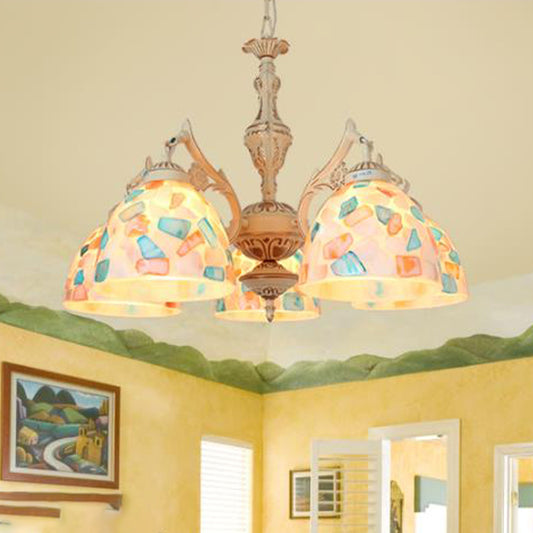 3/5 Lights Ceiling Chandelier Tiffany Mosaic Shell Suspension Pendant in White for Bedroom, Up/Down 5 White Down Clearhalo 'Ceiling Lights' 'Chandeliers' 'Industrial' 'Middle Century Chandeliers' 'Tiffany Chandeliers' 'Tiffany close to ceiling' 'Tiffany' Lighting' 303438