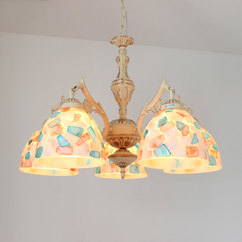 3/5 Lights Ceiling Chandelier Tiffany Mosaic Shell Suspension Pendant in White for Bedroom, Up/Down Clearhalo 'Ceiling Lights' 'Chandeliers' 'Industrial' 'Middle Century Chandeliers' 'Tiffany Chandeliers' 'Tiffany close to ceiling' 'Tiffany' Lighting' 303439