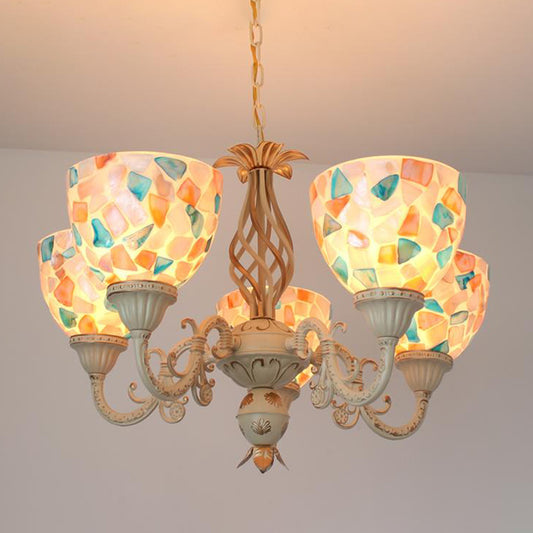 3/5 Lights Ceiling Chandelier Tiffany Mosaic Shell Suspension Pendant in White for Bedroom, Up/Down 5 White Up Clearhalo 'Ceiling Lights' 'Chandeliers' 'Industrial' 'Middle Century Chandeliers' 'Tiffany Chandeliers' 'Tiffany close to ceiling' 'Tiffany' Lighting' 303441