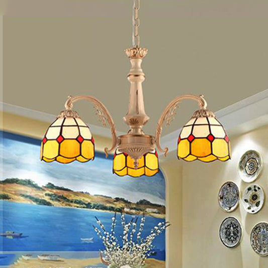 3/5 Lights Dome Pendant Chandelier Baroque Yellow/Blue Hand Cut Glass Ceiling Lamp for Kitchen 3 Yellow Clearhalo 'Ceiling Lights' 'Chandeliers' 'Industrial' 'Middle Century Chandeliers' 'Tiffany Chandeliers' 'Tiffany close to ceiling' 'Tiffany' Lighting' 303444