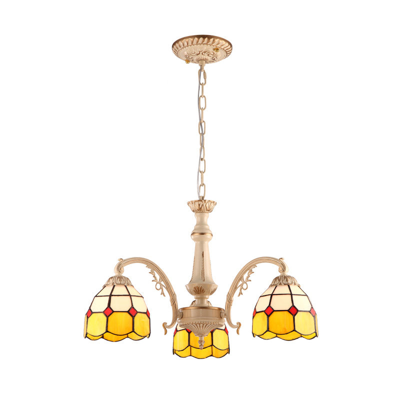 3/5 Lights Dome Pendant Chandelier Baroque Yellow/Blue Hand Cut Glass Ceiling Lamp for Kitchen Clearhalo 'Ceiling Lights' 'Chandeliers' 'Industrial' 'Middle Century Chandeliers' 'Tiffany Chandeliers' 'Tiffany close to ceiling' 'Tiffany' Lighting' 303445