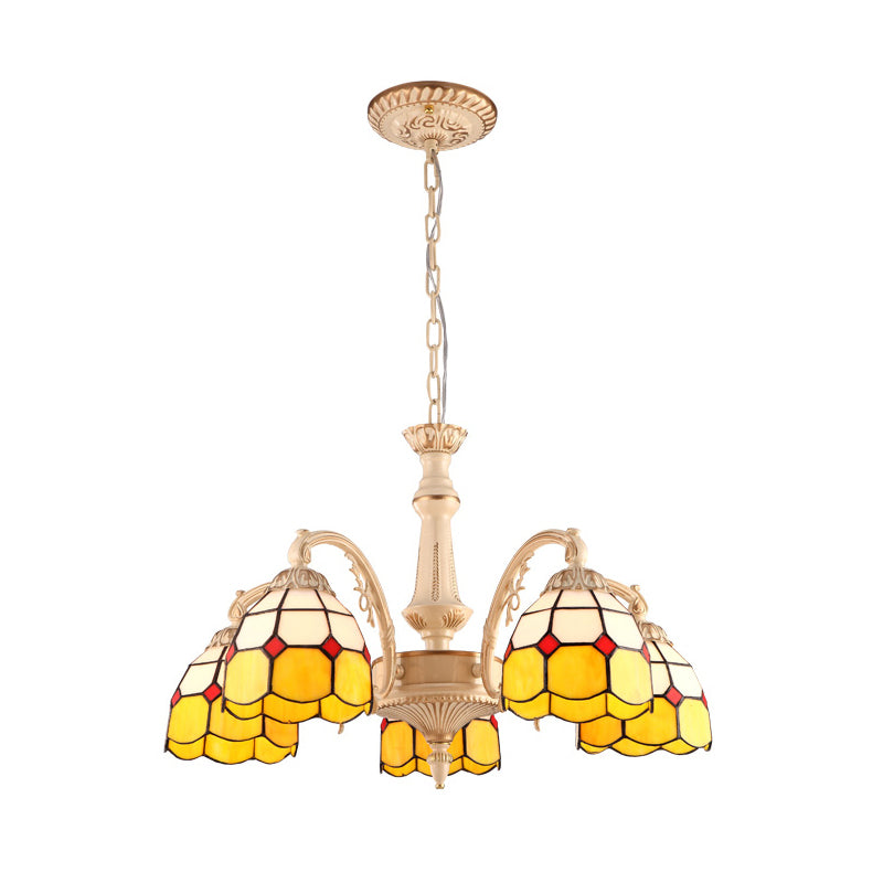 3/5 Lights Dome Pendant Chandelier Baroque Yellow/Blue Hand Cut Glass Ceiling Lamp for Kitchen 5 Yellow Clearhalo 'Ceiling Lights' 'Chandeliers' 'Industrial' 'Middle Century Chandeliers' 'Tiffany Chandeliers' 'Tiffany close to ceiling' 'Tiffany' Lighting' 303446