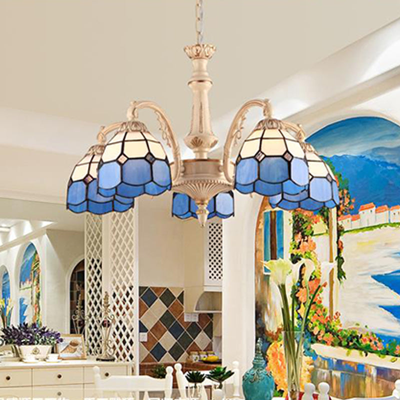 3/5 Lights Dome Pendant Chandelier Baroque Yellow/Blue Hand Cut Glass Ceiling Lamp for Kitchen 5 Blue Clearhalo 'Ceiling Lights' 'Chandeliers' 'Industrial' 'Middle Century Chandeliers' 'Tiffany Chandeliers' 'Tiffany close to ceiling' 'Tiffany' Lighting' 303447