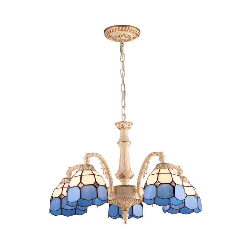 3/5 Lights Dome Pendant Chandelier Baroque Yellow/Blue Hand Cut Glass Ceiling Lamp for Kitchen Clearhalo 'Ceiling Lights' 'Chandeliers' 'Industrial' 'Middle Century Chandeliers' 'Tiffany Chandeliers' 'Tiffany close to ceiling' 'Tiffany' Lighting' 303448