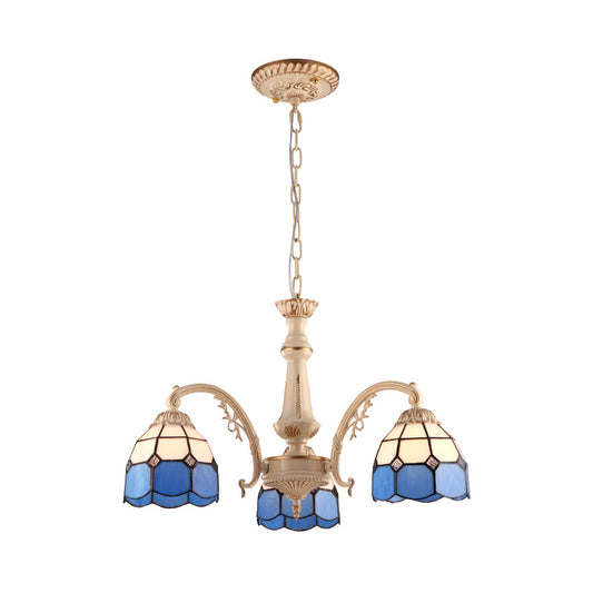 3/5 Lights Dome Pendant Chandelier Baroque Yellow/Blue Hand Cut Glass Ceiling Lamp for Kitchen 3 Blue Clearhalo 'Ceiling Lights' 'Chandeliers' 'Industrial' 'Middle Century Chandeliers' 'Tiffany Chandeliers' 'Tiffany close to ceiling' 'Tiffany' Lighting' 303449