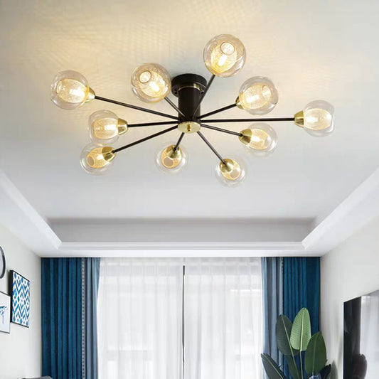 Ball Amber Glass Semi Flush Lighting Modernist 10 Heads Black Ceiling Flush Mounted Lamp with Radial Design Clearhalo 'Ceiling Lights' 'Chandeliers' 'Close To Ceiling Lights' 'Close to ceiling' 'Glass shade' 'Glass' 'Semi-flushmount' Lighting' 303455