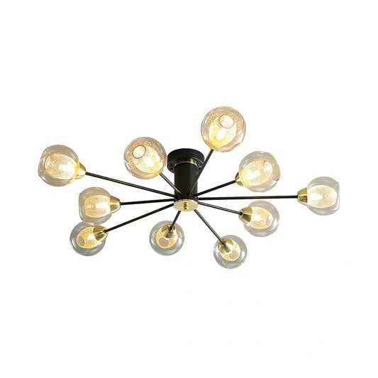 Ball Amber Glass Semi Flush Lighting Modernist 10 Heads Black Ceiling Flush Mounted Lamp with Radial Design Amber Clearhalo 'Ceiling Lights' 'Chandeliers' 'Close To Ceiling Lights' 'Close to ceiling' 'Glass shade' 'Glass' 'Semi-flushmount' Lighting' 303456