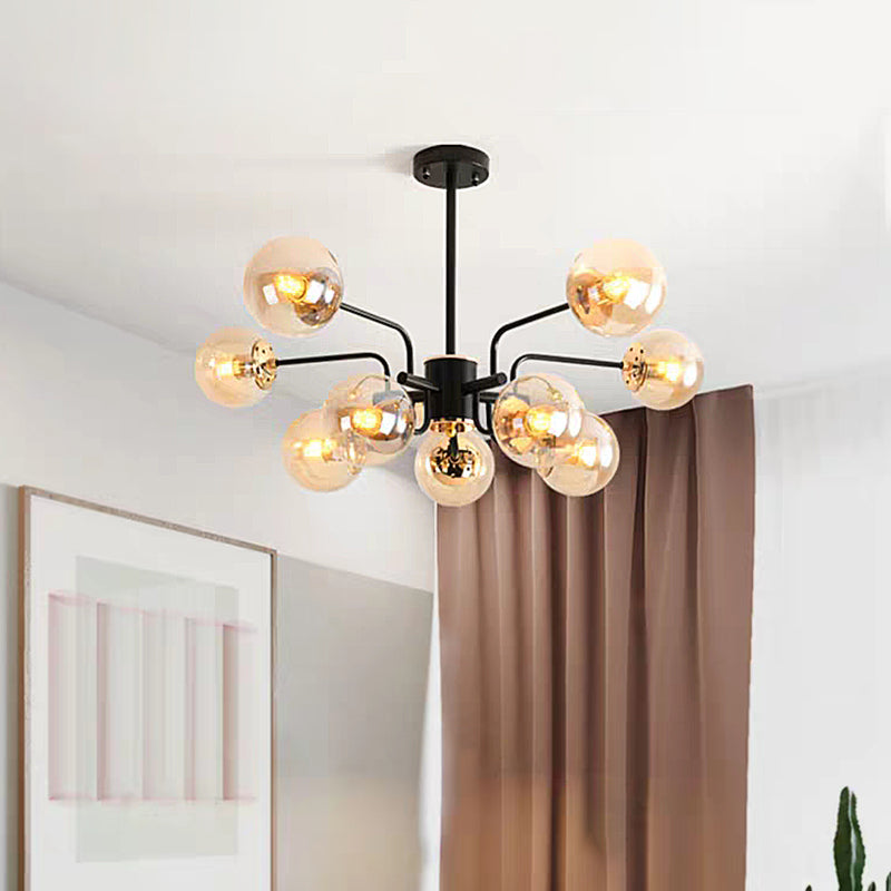 Sphere Living Room Chandelier Amber Glass 10 Bulbs Contemporary Pendant Ceiling Light in Black Amber Clearhalo 'Ceiling Lights' 'Chandeliers' 'Glass shade' 'Glass' 'Island Lights' 'Modern Chandeliers' 'Modern' Lighting' 303457
