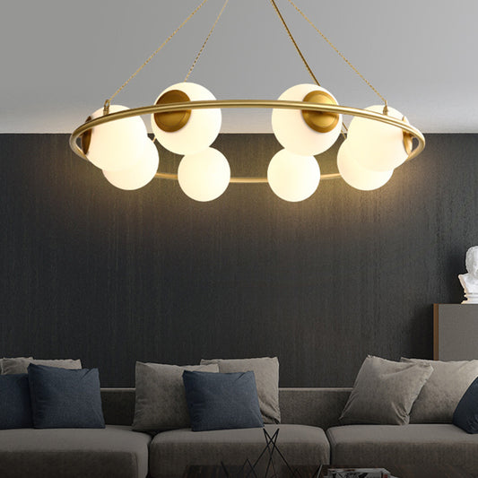 Opal Glass Ball Chandelier Lighting Modernism 8 Heads Brass Hanging Ceiling Lamp Fixture with Ring Design Clearhalo 'Ceiling Lights' 'Chandeliers' 'Glass shade' 'Glass' 'Island Lights' 'Modern Chandeliers' 'Modern' Lighting' 303486