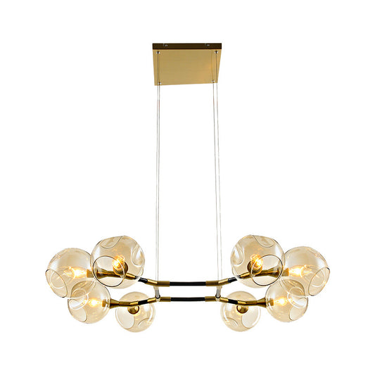 Round Living Room Chandelier Pendant Light Amber Dimpled Blown Glass 8 Bulbs Modernist Hanging Lamp Kit in Gold Clearhalo 'Ceiling Lights' 'Chandeliers' 'Glass shade' 'Glass' 'Island Lights' 'Modern Chandeliers' 'Modern' Lighting' 303491