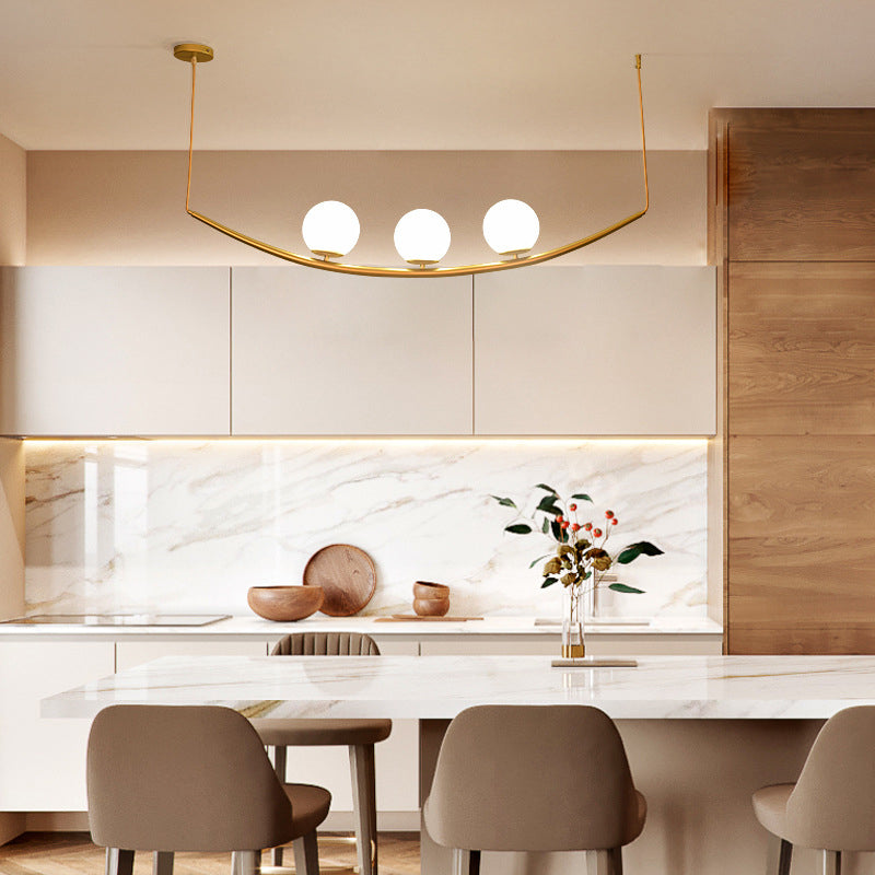 2/3 Lights Dining Room Chandelier Lamp Fixture Modernism Gold Finish Hanging Ceiling Light with Ball Milk Glass Shade Clearhalo 'Ceiling Lights' 'Chandeliers' 'Glass shade' 'Glass' 'Modern Chandeliers' 'Modern' Lighting' 303505