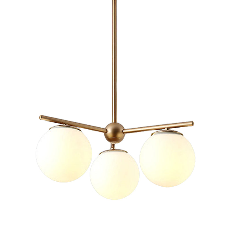 Globe Hanging Chandelier Modern White Frosted Glass 3 Lights Gold Ceiling Pendant Lamp for Bedroom Clearhalo 'Ceiling Lights' 'Chandeliers' 'Glass shade' 'Glass' 'Island Lights' 'Modern Chandeliers' 'Modern' Lighting' 303514