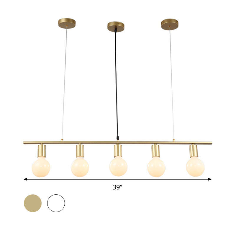 Linear Metal Island Lighting Contemporary 5 Bulbs White/Gold Finish Hanging Ceiling Lamp for Dining Room Clearhalo 'Ceiling Lights' 'Island Lights' Lighting' 303558