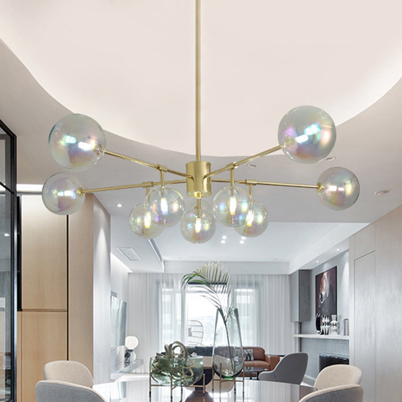 10 Heads Living Room Chandelier Lighting Modern Gold LED Pendant Lamp with Sphere Rainbow Glass Shade Clearhalo 'Ceiling Lights' 'Chandeliers' 'Glass shade' 'Glass' 'Modern Chandeliers' 'Modern' Lighting' 303561