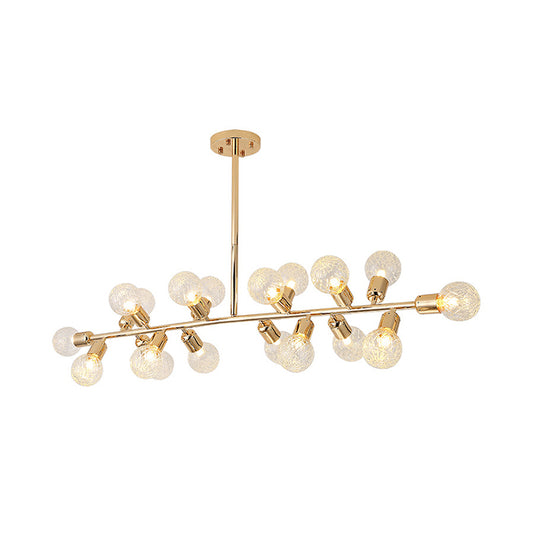 Gold Linear LED Island Lighting Contemporary 18 Lights Metal Hanging Ceiling Lamp with Ribbing Glass Shade Clearhalo 'Ceiling Lights' 'Chandeliers' 'Glass shade' 'Glass' 'Island Lights' Lighting' 303600