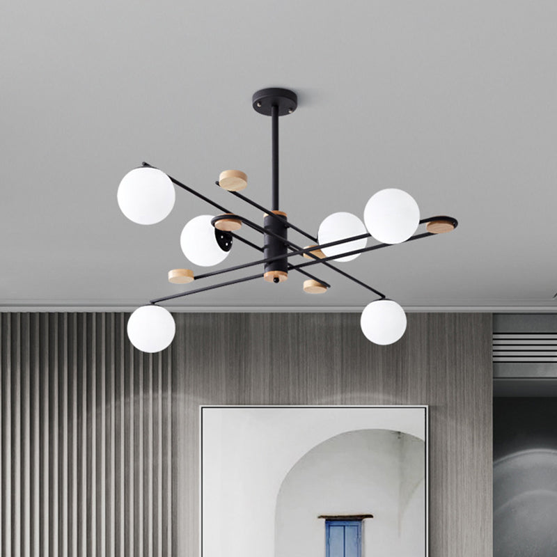 Ball Living Room Chandelier Lighting Fixture Milky Glass 6 Heads Modernism Hanging Lamp Kit in Black/Grey Black Clearhalo 'Ceiling Lights' 'Chandeliers' 'Glass shade' 'Glass' 'Island Lights' 'Modern Chandeliers' 'Modern' Lighting' 303607