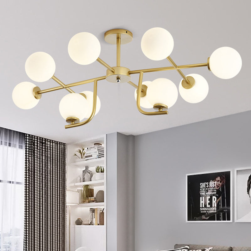 Gold Round Semi Flush Light Modernist 10 Bulbs White Glass Close to Ceiling Lighting