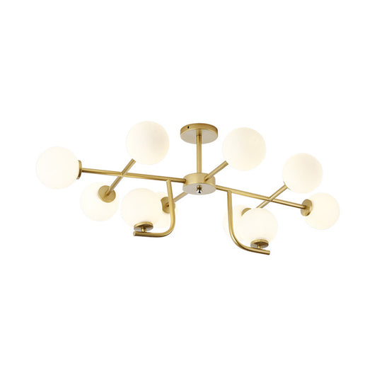 Gold Round Semi Flush Light Modernist 10 Bulbs White Glass Close to Ceiling Lighting Clearhalo 'Ceiling Lights' 'Chandeliers' 'Close To Ceiling Lights' 'Close to ceiling' 'Glass shade' 'Glass' 'Semi-flushmount' Lighting' 303670