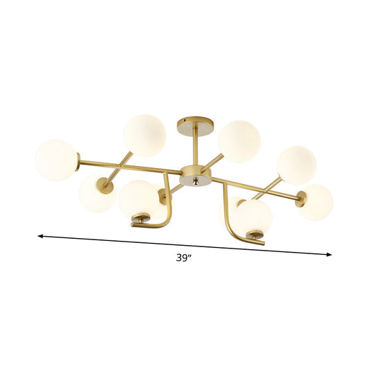 Gold Round Semi Flush Light Modernist 10 Bulbs White Glass Close to Ceiling Lighting Clearhalo 'Ceiling Lights' 'Chandeliers' 'Close To Ceiling Lights' 'Close to ceiling' 'Glass shade' 'Glass' 'Semi-flushmount' Lighting' 303671