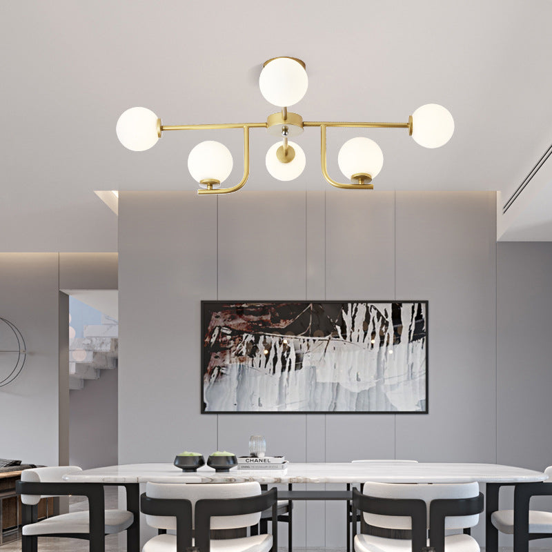 Global Semi Flush Mount Modernism White Glass 6 Bulbs Gold Ceiling Mounted Fixture Clearhalo 'Ceiling Lights' 'Chandeliers' 'Close To Ceiling Lights' 'Close to ceiling' 'Glass shade' 'Glass' 'Semi-flushmount' Lighting' 303711