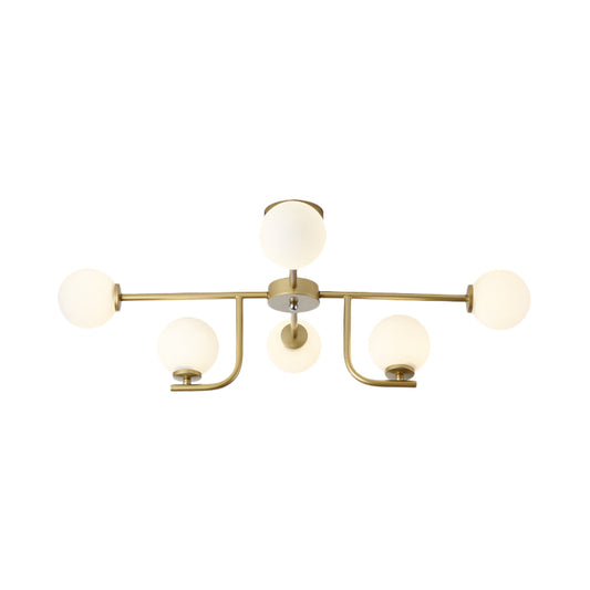 Global Semi Flush Mount Modernism White Glass 6 Bulbs Gold Ceiling Mounted Fixture Clearhalo 'Ceiling Lights' 'Chandeliers' 'Close To Ceiling Lights' 'Close to ceiling' 'Glass shade' 'Glass' 'Semi-flushmount' Lighting' 303712