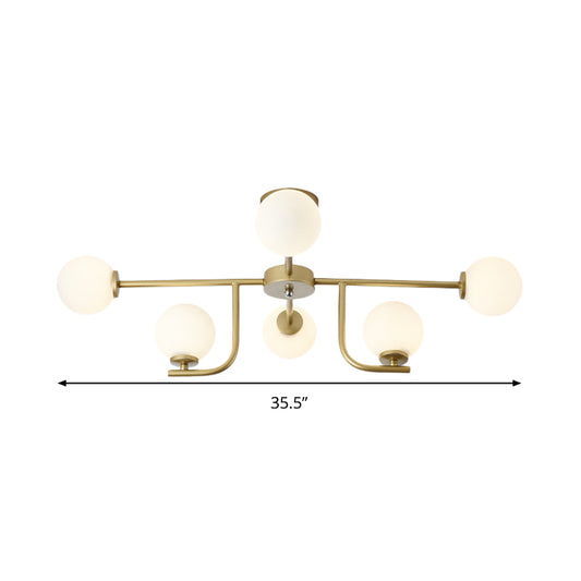 Global Semi Flush Mount Modernism White Glass 6 Bulbs Gold Ceiling Mounted Fixture Clearhalo 'Ceiling Lights' 'Chandeliers' 'Close To Ceiling Lights' 'Close to ceiling' 'Glass shade' 'Glass' 'Semi-flushmount' Lighting' 303713