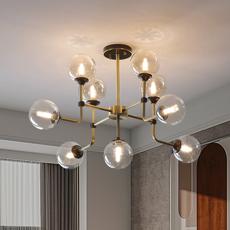 Amber Glass Globe Semi Flush Modernist 9/13 Bulbs Ceiling Mount Light Fixture in Brass Clearhalo 'Ceiling Lights' 'Chandeliers' 'Close To Ceiling Lights' 'Close to ceiling' 'Glass shade' 'Glass' 'Semi-flushmount' Lighting' 303743