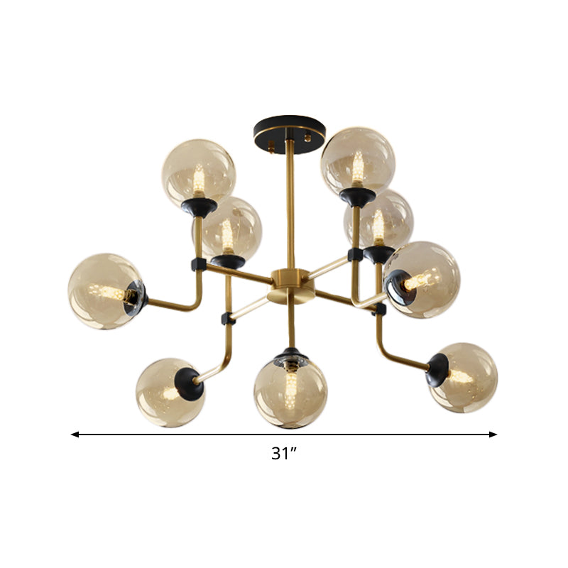 Amber Glass Globe Semi Flush Modernist 9/13 Bulbs Ceiling Mount Light Fixture in Brass Clearhalo 'Ceiling Lights' 'Chandeliers' 'Close To Ceiling Lights' 'Close to ceiling' 'Glass shade' 'Glass' 'Semi-flushmount' Lighting' 303747