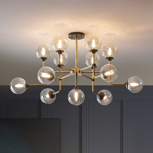 Amber Glass Globe Semi Flush Modernist 9/13 Bulbs Ceiling Mount Light Fixture in Brass 13 Brass Clearhalo 'Ceiling Lights' 'Chandeliers' 'Close To Ceiling Lights' 'Close to ceiling' 'Glass shade' 'Glass' 'Semi-flushmount' Lighting' 303748