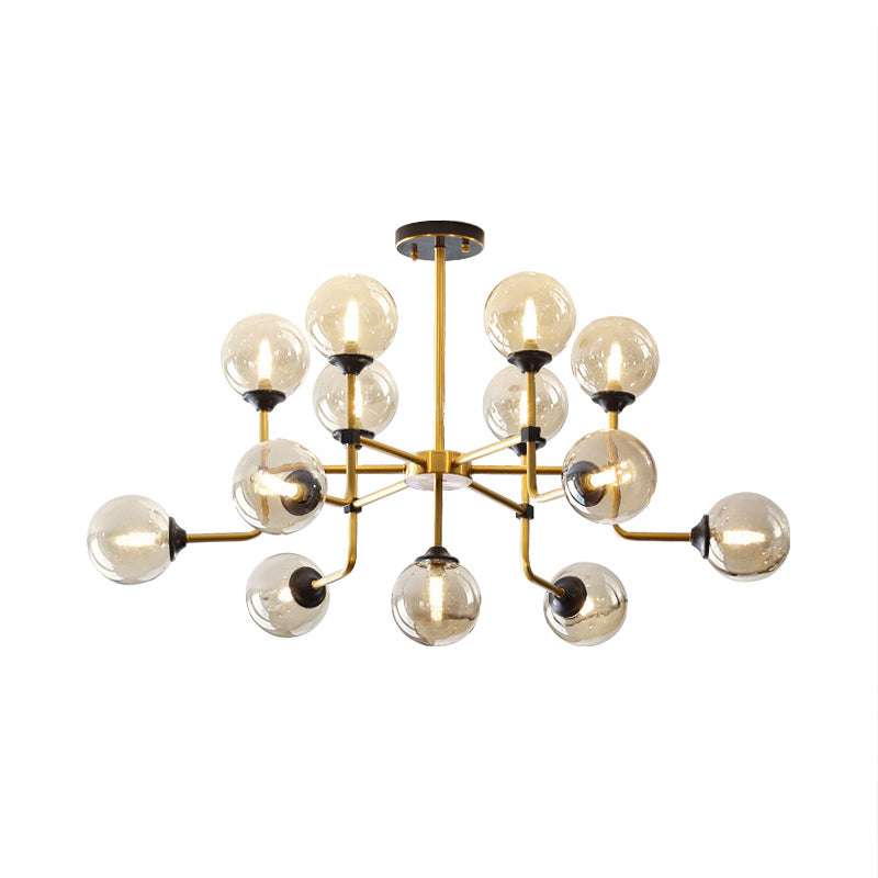 Amber Glass Globe Semi Flush Modernist 9/13 Bulbs Ceiling Mount Light Fixture in Brass Clearhalo 'Ceiling Lights' 'Chandeliers' 'Close To Ceiling Lights' 'Close to ceiling' 'Glass shade' 'Glass' 'Semi-flushmount' Lighting' 303749