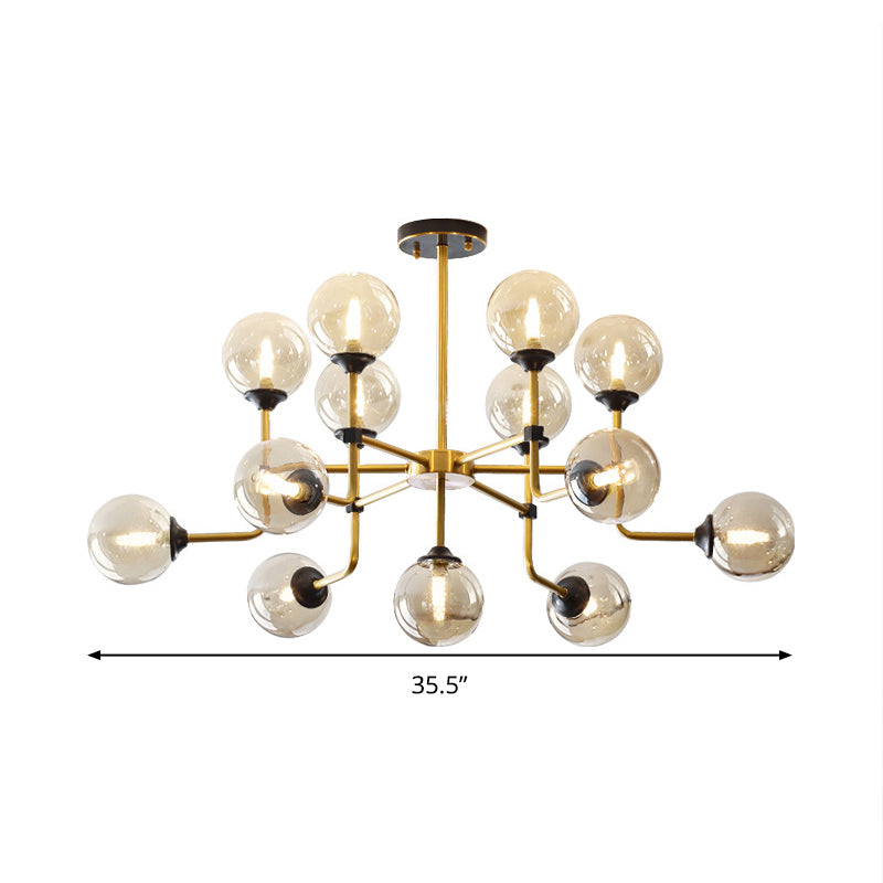 Amber Glass Globe Semi Flush Modernist 9/13 Bulbs Ceiling Mount Light Fixture in Brass Clearhalo 'Ceiling Lights' 'Chandeliers' 'Close To Ceiling Lights' 'Close to ceiling' 'Glass shade' 'Glass' 'Semi-flushmount' Lighting' 303750