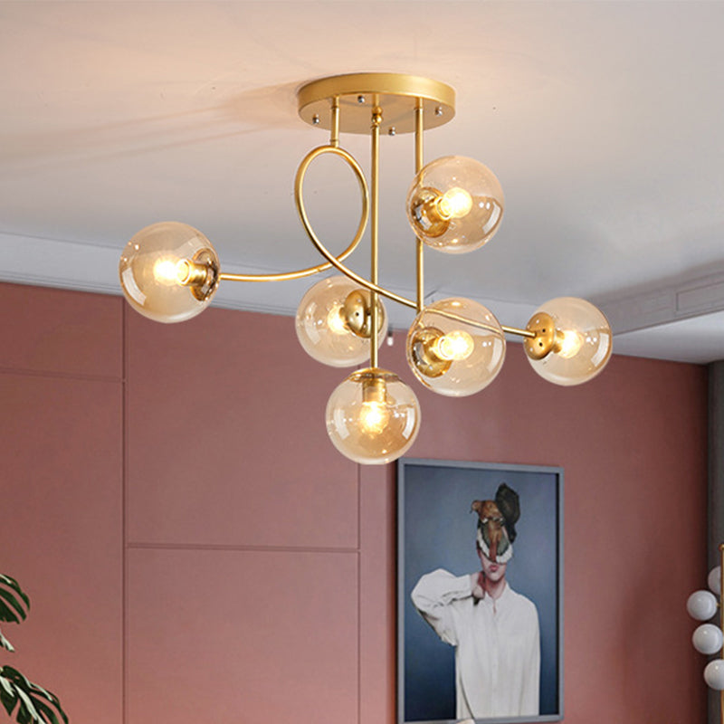 Metal Armed Ceiling Chandelier Modernist 6 Bulbs Black/Gold Hanging Light Fixture with Smoke Grey/Cognac/Milk White Glass Shade Clearhalo 'Ceiling Lights' 'Chandeliers' 'Glass shade' 'Glass' 'Modern Chandeliers' 'Modern' Lighting' 303792