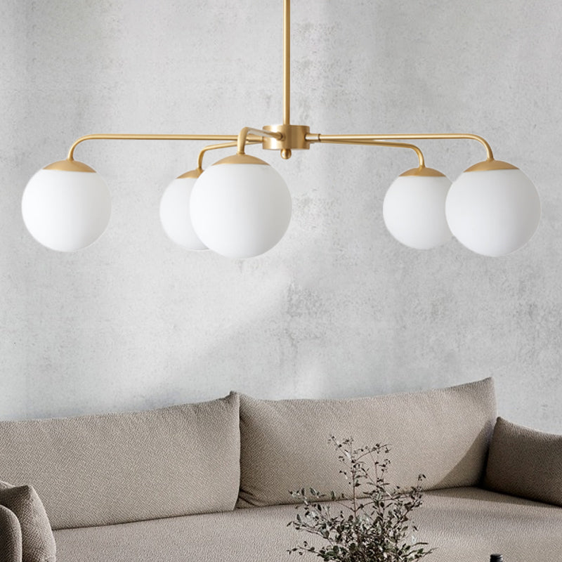 Milky Glass Global Chandelier Lamp Contemporary 5 Heads Brass Hanging Ceiling Light Clearhalo 'Ceiling Lights' 'Chandeliers' 'Glass shade' 'Glass' 'Modern Chandeliers' 'Modern' Lighting' 303810