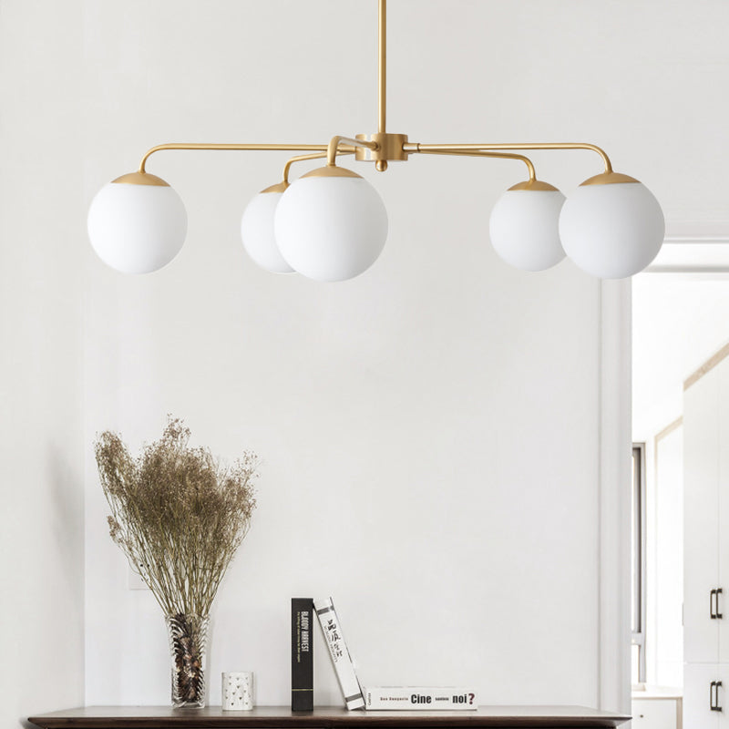 Milky Glass Global Chandelier Lamp Contemporary 5 Heads Brass Hanging Ceiling Light Brass Clearhalo 'Ceiling Lights' 'Chandeliers' 'Glass shade' 'Glass' 'Modern Chandeliers' 'Modern' Lighting' 303811