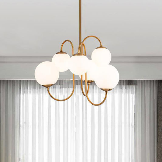Modern 6 Heads Hanging Chandelier Gold Round Ceiling Pendant Light with White Glass Shade Gold Clearhalo 'Ceiling Lights' 'Chandeliers' 'Glass shade' 'Glass' 'Modern Chandeliers' 'Modern' Lighting' 303863