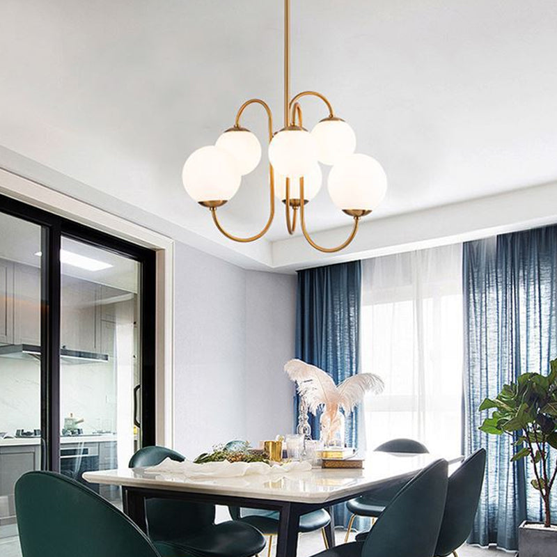 Modern 6 Heads Hanging Chandelier Gold Round Ceiling Pendant Light with White Glass Shade Clearhalo 'Ceiling Lights' 'Chandeliers' 'Glass shade' 'Glass' 'Modern Chandeliers' 'Modern' Lighting' 303864
