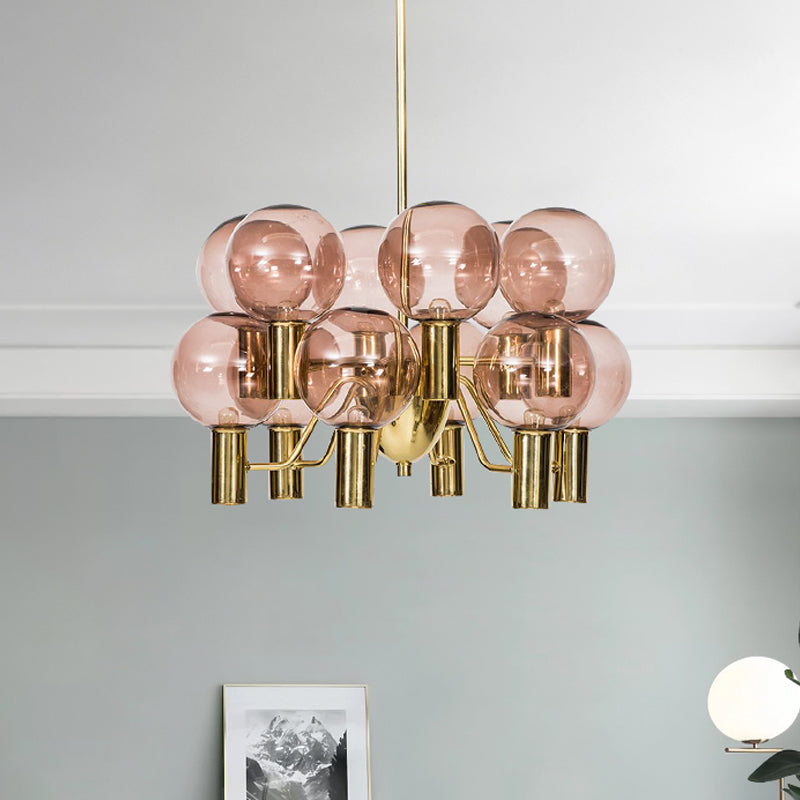 Modernist Global Ceiling Chandelier Pink Glass 12 Heads Dining Room Hanging Pendant Light Clearhalo 'Ceiling Lights' 'Chandeliers' 'Glass shade' 'Glass' 'Modern Chandeliers' 'Modern' Lighting' 303880