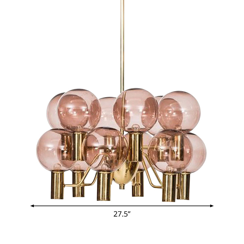 Modernist Global Ceiling Chandelier Pink Glass 12 Heads Dining Room Hanging Pendant Light Clearhalo 'Ceiling Lights' 'Chandeliers' 'Glass shade' 'Glass' 'Modern Chandeliers' 'Modern' Lighting' 303884