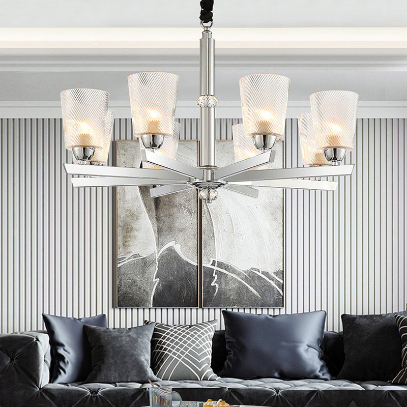 8 Bulbs Flared Pendant Chandelier Modernism Ribbed Glass Hanging Ceiling Light in Chrome Clearhalo 'Ceiling Lights' 'Chandeliers' 'Glass shade' 'Glass' 'Modern Chandeliers' 'Modern' Lighting' 303886