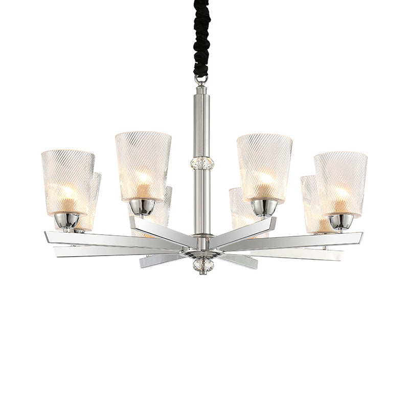 8 Bulbs Flared Pendant Chandelier Modernism Ribbed Glass Hanging Ceiling Light in Chrome Clearhalo 'Ceiling Lights' 'Chandeliers' 'Glass shade' 'Glass' 'Modern Chandeliers' 'Modern' Lighting' 303889